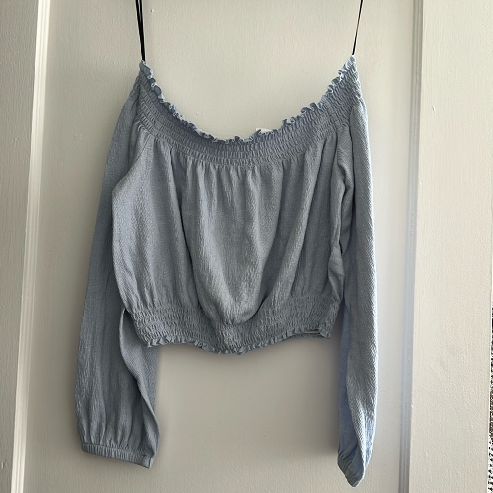 Off the shoulder powder blue long sleeve crop top